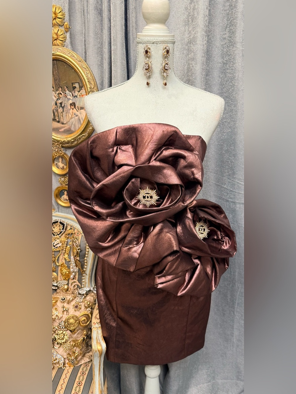 Bronze Rosette Couture Dress with Celestial Earrings”